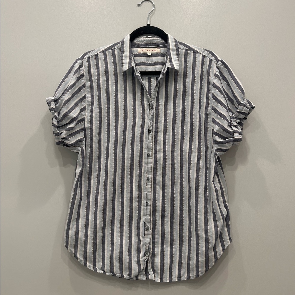 Xirena short sleeve striped button down with metallic detail